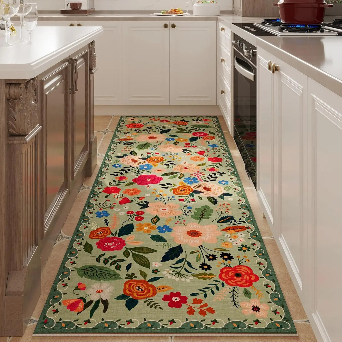 Floral Runner Rug for Hallway & Kitchen, Machine Washable Non-Slip Long Mat with Rubber Backing | Thomler