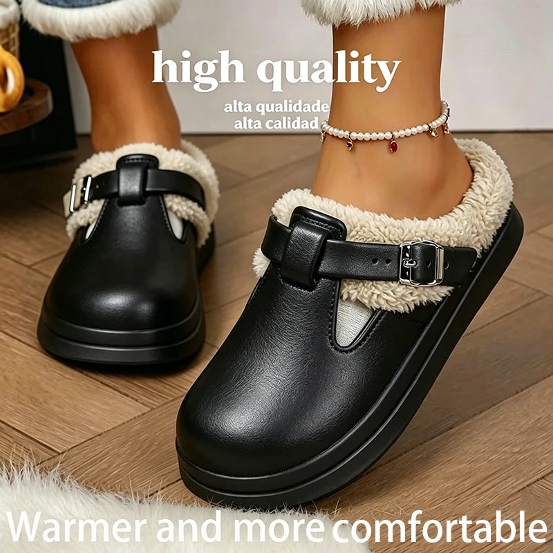 Cushioned Platform House Slippers for Women – Cozy Faux-Fur Indoor Slides with Buckle Detail & Non-Slip Sole | Thomler
