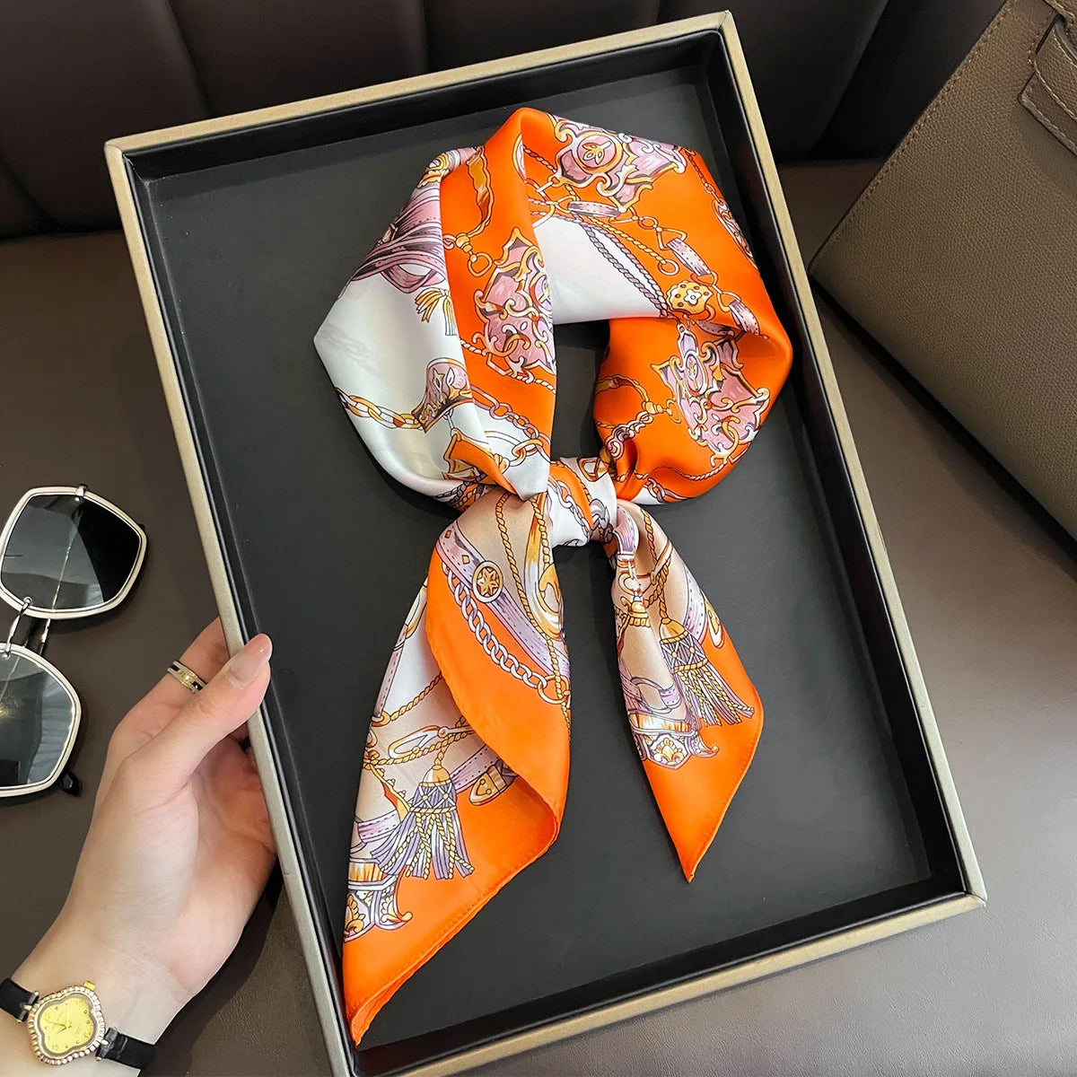 Printed Satin Square Neckerchief for Women 27.5×27.5 in Versatile Head Wrap Neck Tie Hair Ribbon Fashion Accessory | Thomler