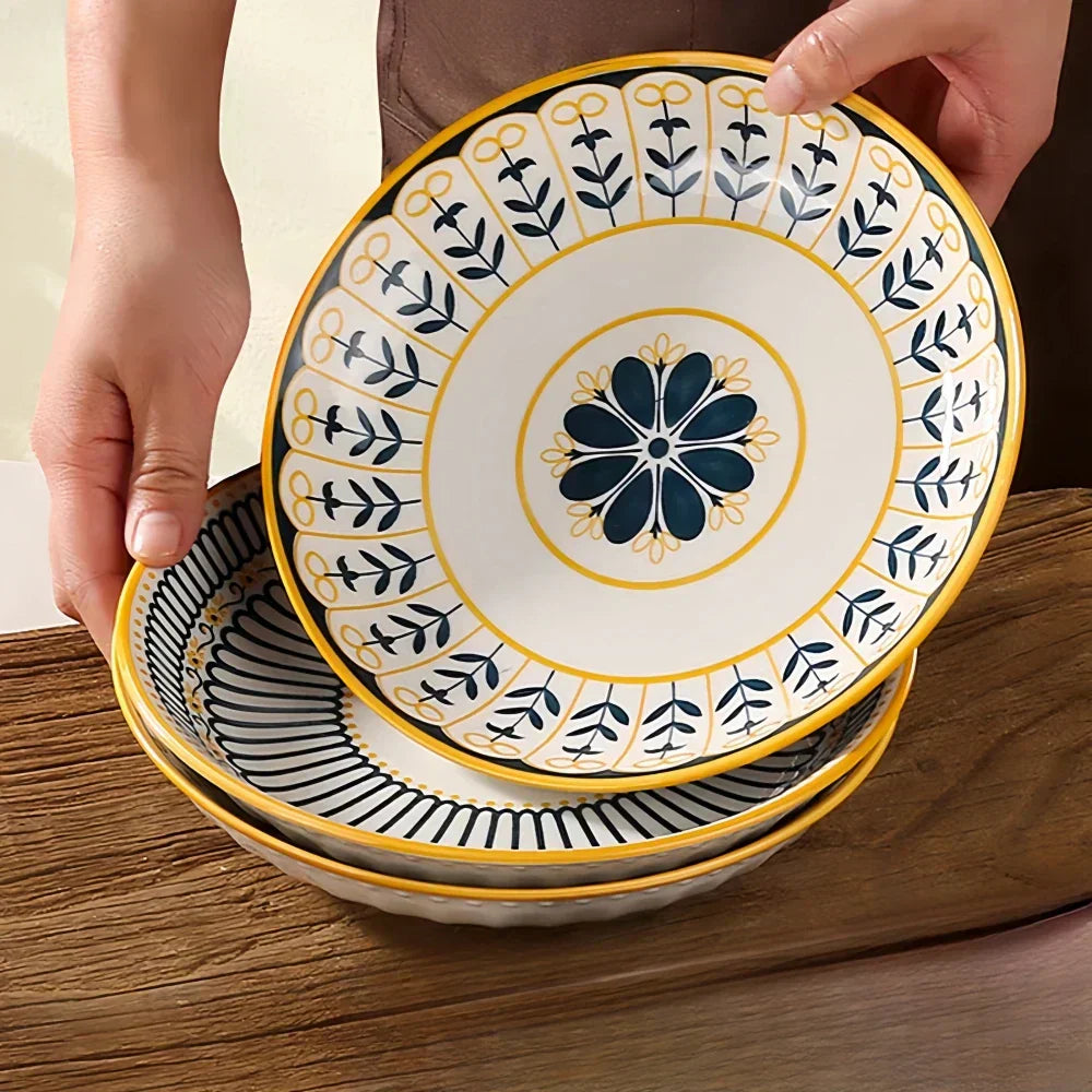 Dinnerware Set Porcelain 20.0 cm 7.9" Navy Blue Gold Breakfast Dessert Salad Plates Hand Painted Floral Tableware Set Of 4 | Thomler