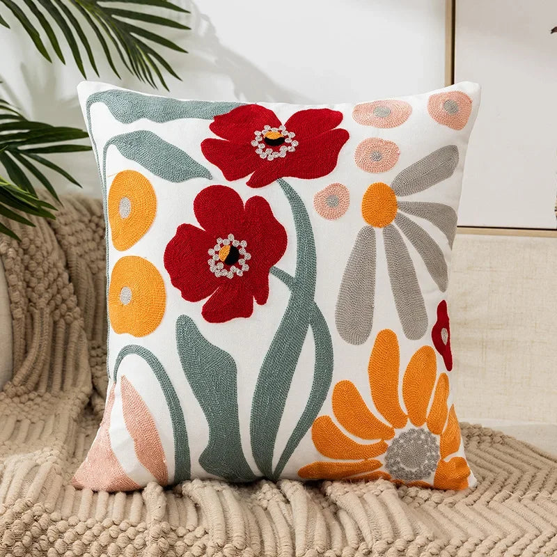 Cushion Cover Cotton Canvas 45.0 cm Floral Embroidered White Sofa Bed Decorative Pillow Case Farmhouse Living Room Accent | Thomler