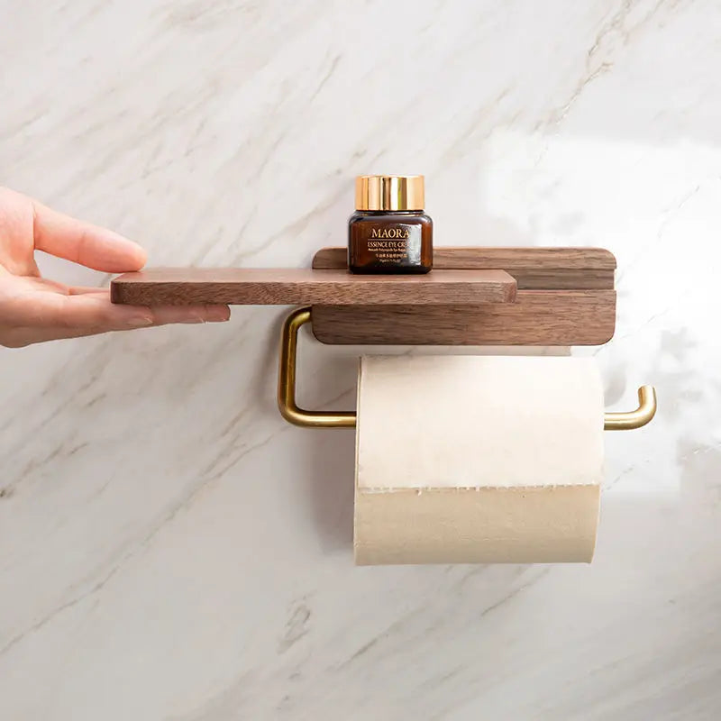 Toilet Roll Holder Walnut Wood Wall Mounted Bathroom Shelf Storage Organiser Minimalist Toilet Paper Rack | Thomler