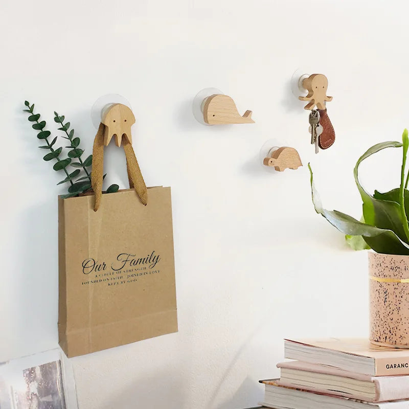 Wall Hooks Wooden Animal Self Adhesive Natural Kids Bedroom Nursery Coat Bag Holders Scandinavian Decor | Thomler