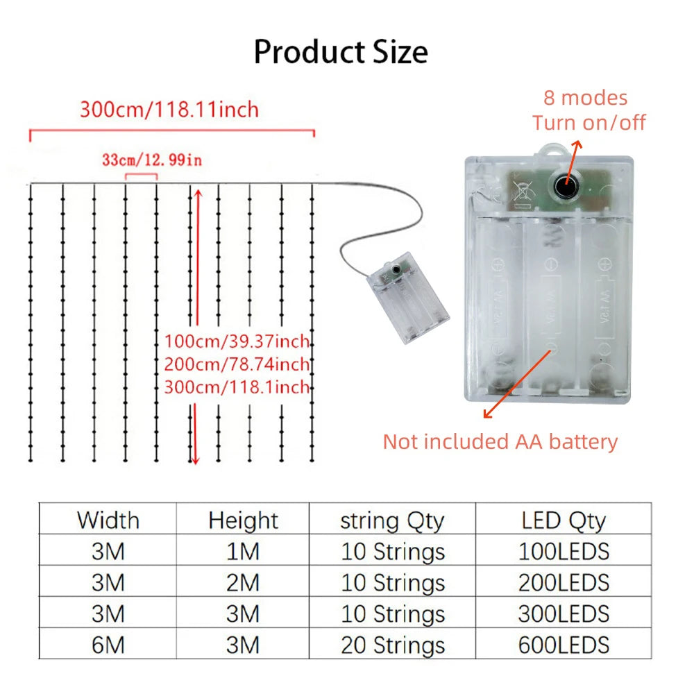 Battery-Powered LED Curtain Lights – 8 Flashing Modes, Waterfall String Lights for Bedroom, Living Room, Wedding Backdrop & Holiday Decor | Thomler