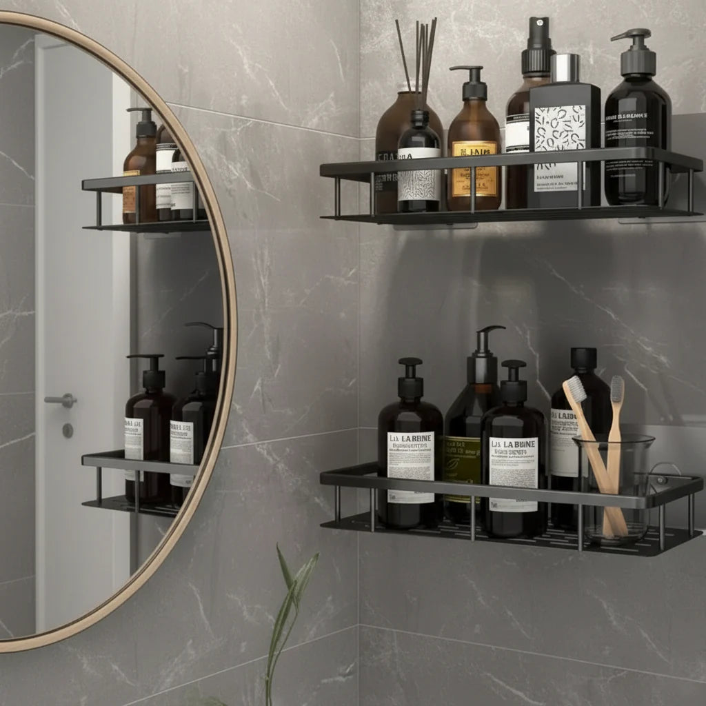 Bathroom Shelf ABS Plastic Drill-Free 10.6 in x 8.3 in Wall Mounted Storage Rack Modern Bathroom Organizer Triangular or Rectangular Designs | Thomler