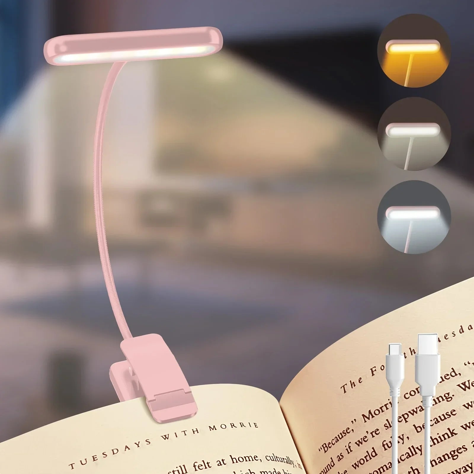 Rechargeable LED Reading Light with Clip and Gooseneck – 3 Color Modes, Dimmable, USB Powered Book Light for Bed, Desk, Travel | Thomler