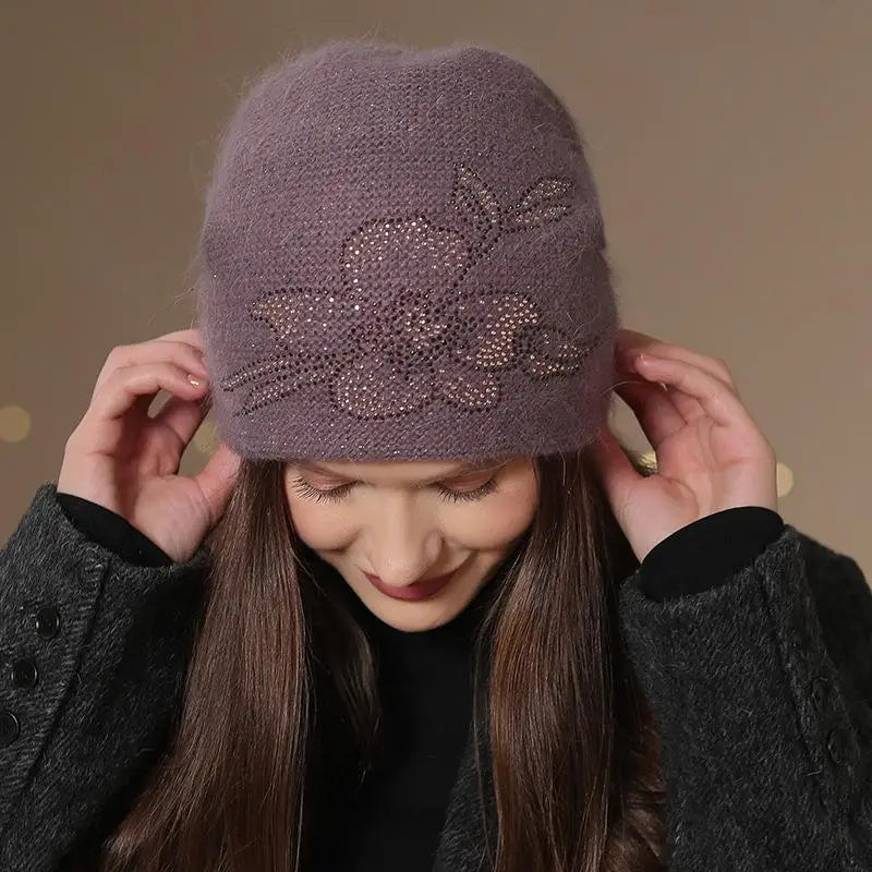 Women's Knit Beanie Hat with Floral Appliqué – Soft Acrylic & Fur-Blend Cap for Cold Weather | Thomler