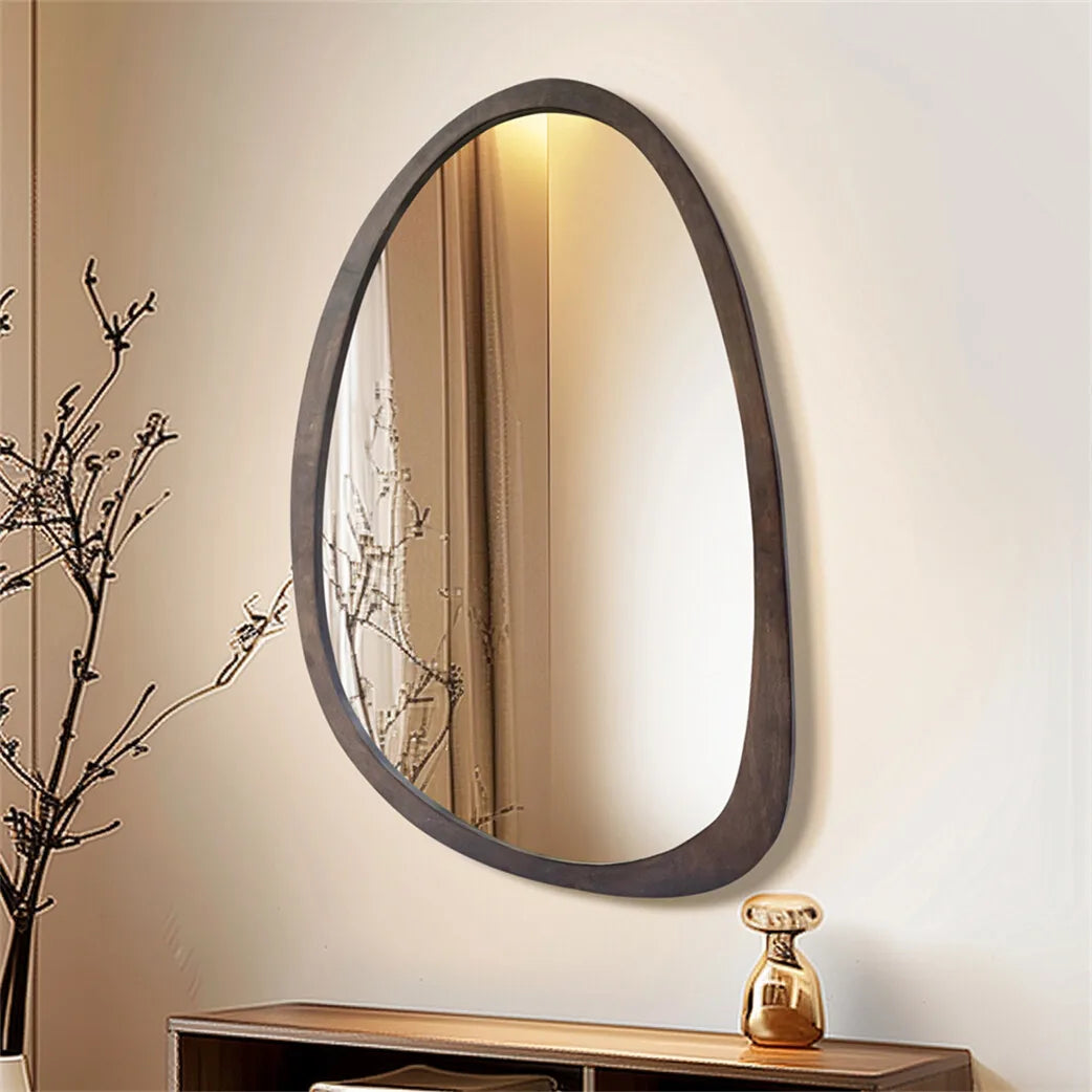 Wall Mirror Rubberwood 50.0 cm x 70.0 cm Black Walnut Japandi Bedroom Hallway Organic Asymmetrical Decorative Mirror | Thomler