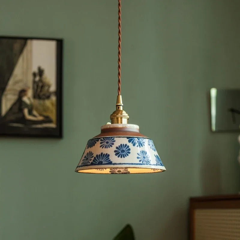Ceramic Hanging Light Fixture with Unique Floral Designs for Kitchen, Dining Room, Cafe | Artisan Crafted Copper Hardware Pendant Lamp | Thomler