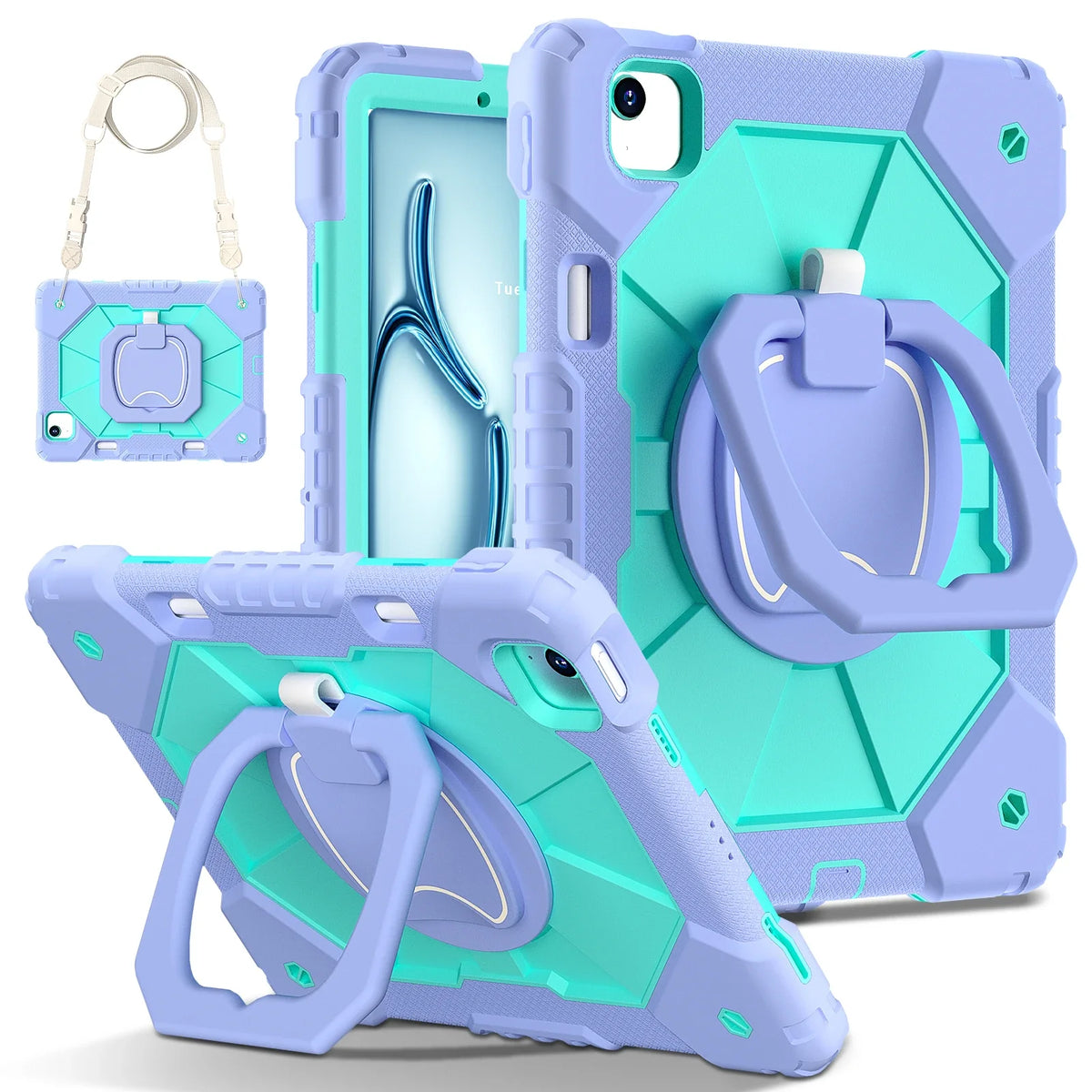 Triple-Layer iPad Protective Case with 360° Rotating Hand Grip, Integrated Kickstand & Shoulder Strap | Tempered Glass Screen Protector | Thomler