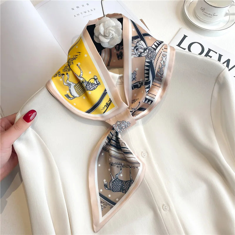 Equestrian Print Satin Neck Scarf Ribbon Bandana for Women Hair Tie Wrist Wrap Accessory for Fashion & Styling | Thomler