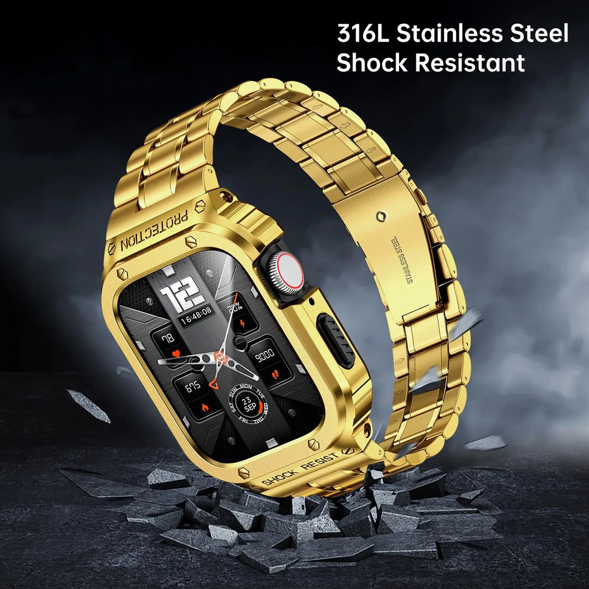 Metal Band and Bumper Case Bundle for Apple Watch 44mm 45mm Series – Shock-Absorbing Frame with Coordinated Strap in Black Silver Gold | Thomler