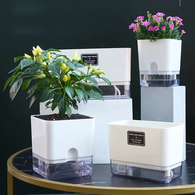 Flower Pot Self Watering PP AS Plastic 25.0 cm White Indoor Herb Planter Hydroponic Windowsill Office Container | Thomler