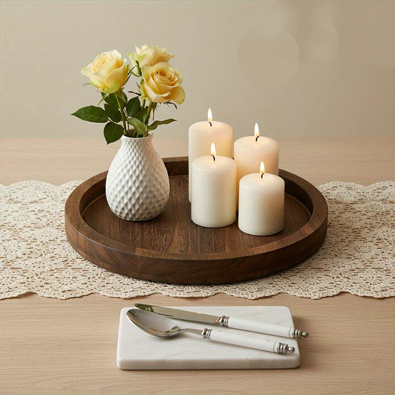 Decorative Tray Solid Wood 28.5 cm Round Brown Coffee Table Centrepiece Farmhouse Serving Tray Kitchen Counter Styling | Thomler