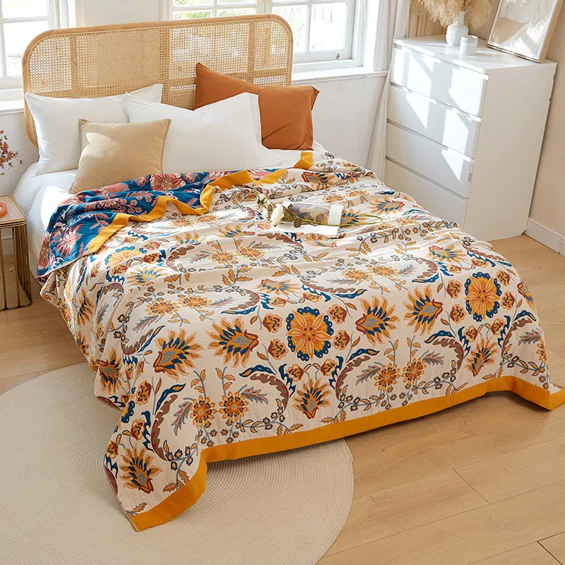 Lightweight Cotton Gauze Throw Blanket Queen King Bed Coverlet Breathable Floral Bedspread for Warm Weather Bedding | Thomler