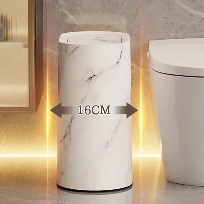 Push-Top Waste Basket with Marble-Look Finish – Slim Oval Design for Small Bathrooms, Bedrooms & Home Offices | Thomler