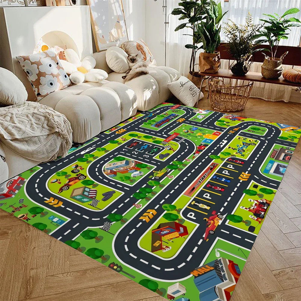 Play Rug Flannel 120.0 x 160.0 cm Car Road Theme Kids Playroom Bedroom Non Slip Washable Mat | Thomler