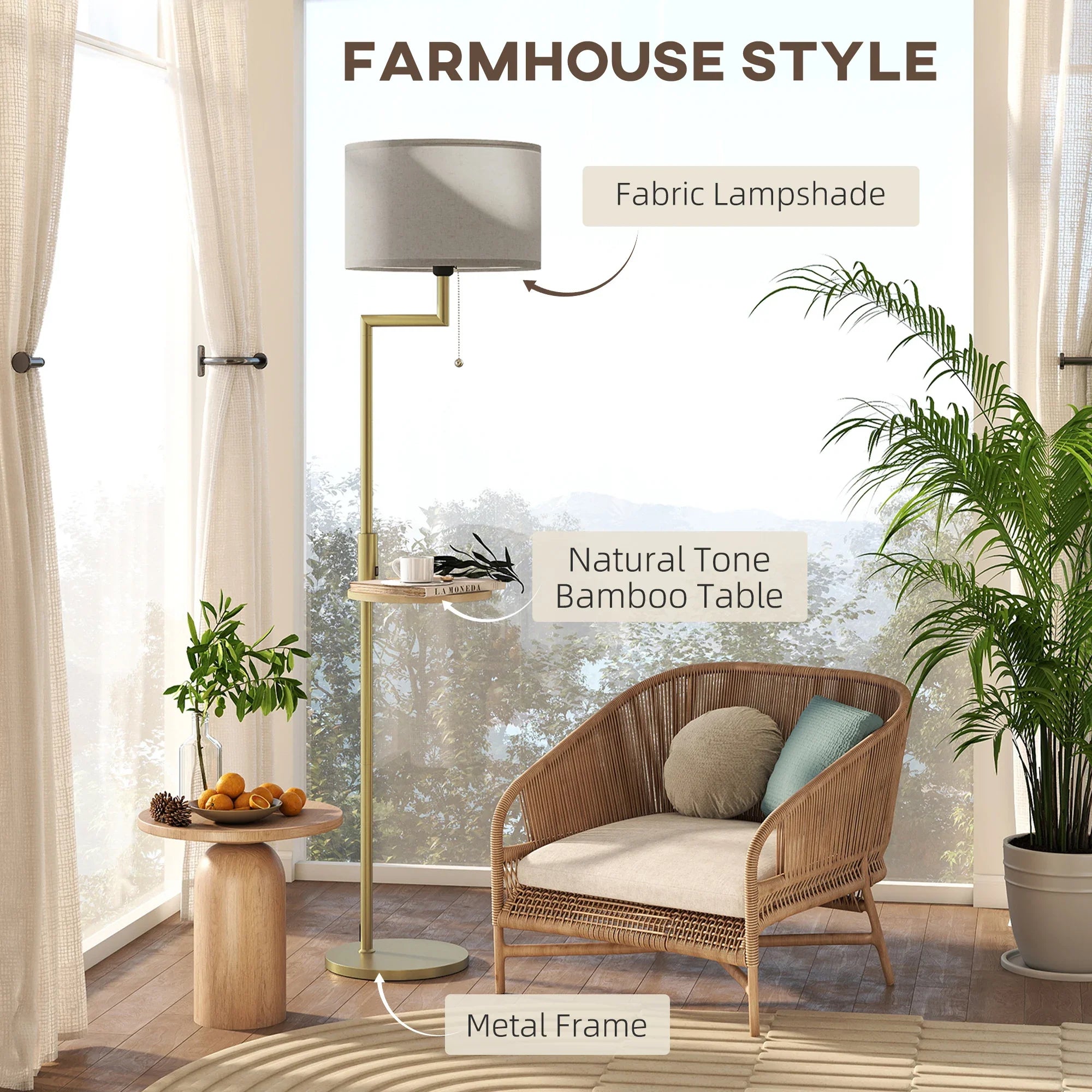 Floor Lamp Steel Bamboo Shelf 170.0 cm Gold Living Room Bedroom Reading Light USB Charging Arc Lamp | Thomler