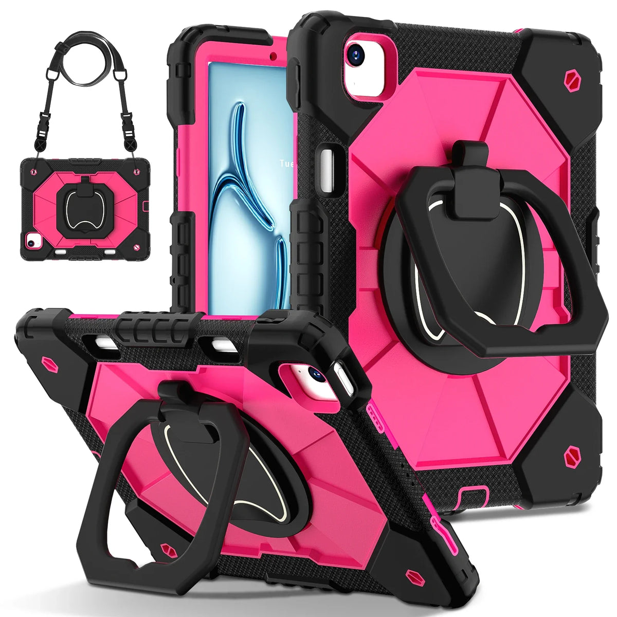 Triple-Layer iPad Protective Case with 360° Rotating Hand Grip, Integrated Kickstand & Shoulder Strap | Tempered Glass Screen Protector | Thomler