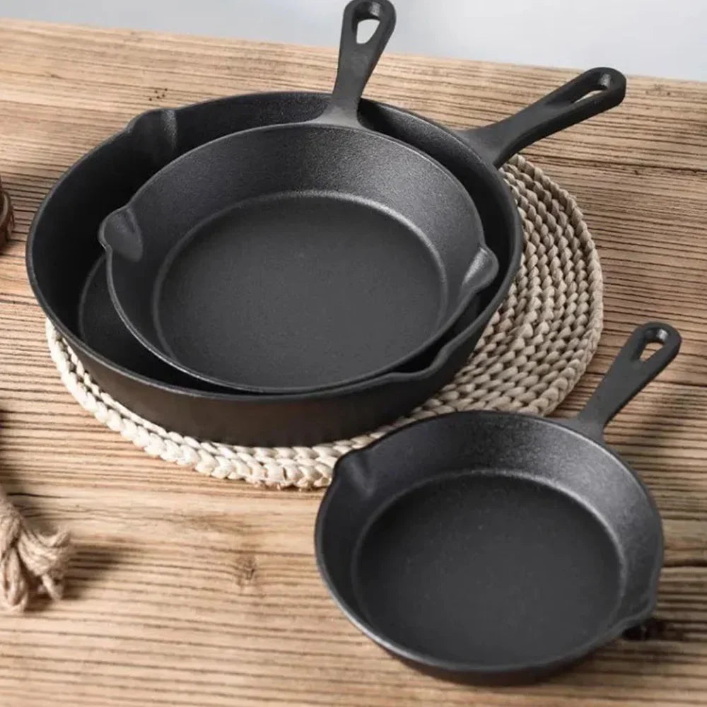 Frying Pan Set Cast Iron 16.0 cm 20.0 cm 26.0 cm Black Induction Gas Open Fire Skillet Cooking Set | Thomler