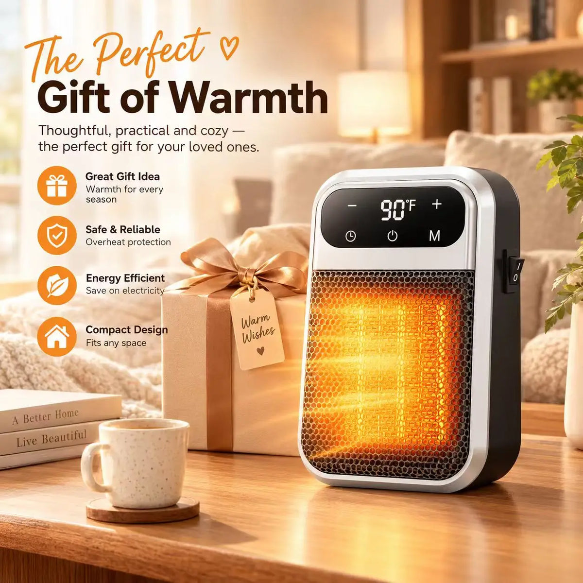 Compact Wall Outlet Heater 800W – Ceramic Space Heater for Bathroom & Small Rooms with 12-Hour Timer, Thermostat & Overheat Protection | Thomler
