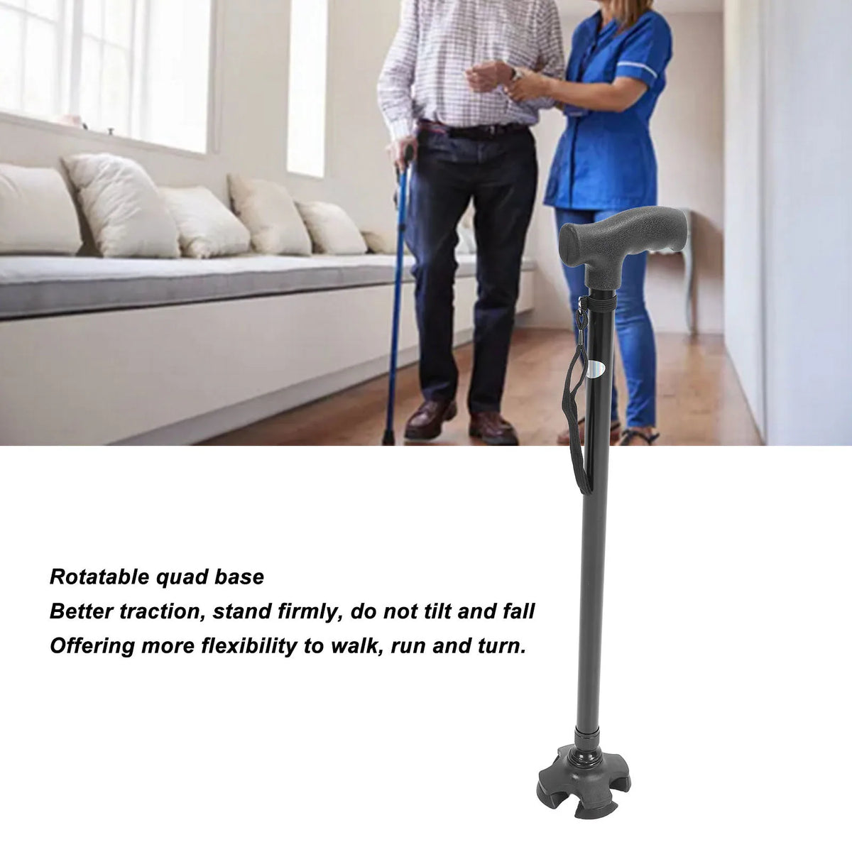 Height-Adjustable Walking Cane with Four-Point Base, Lightweight Aluminum, Collapsible Support for Seniors and Outdoor Use | Thomler