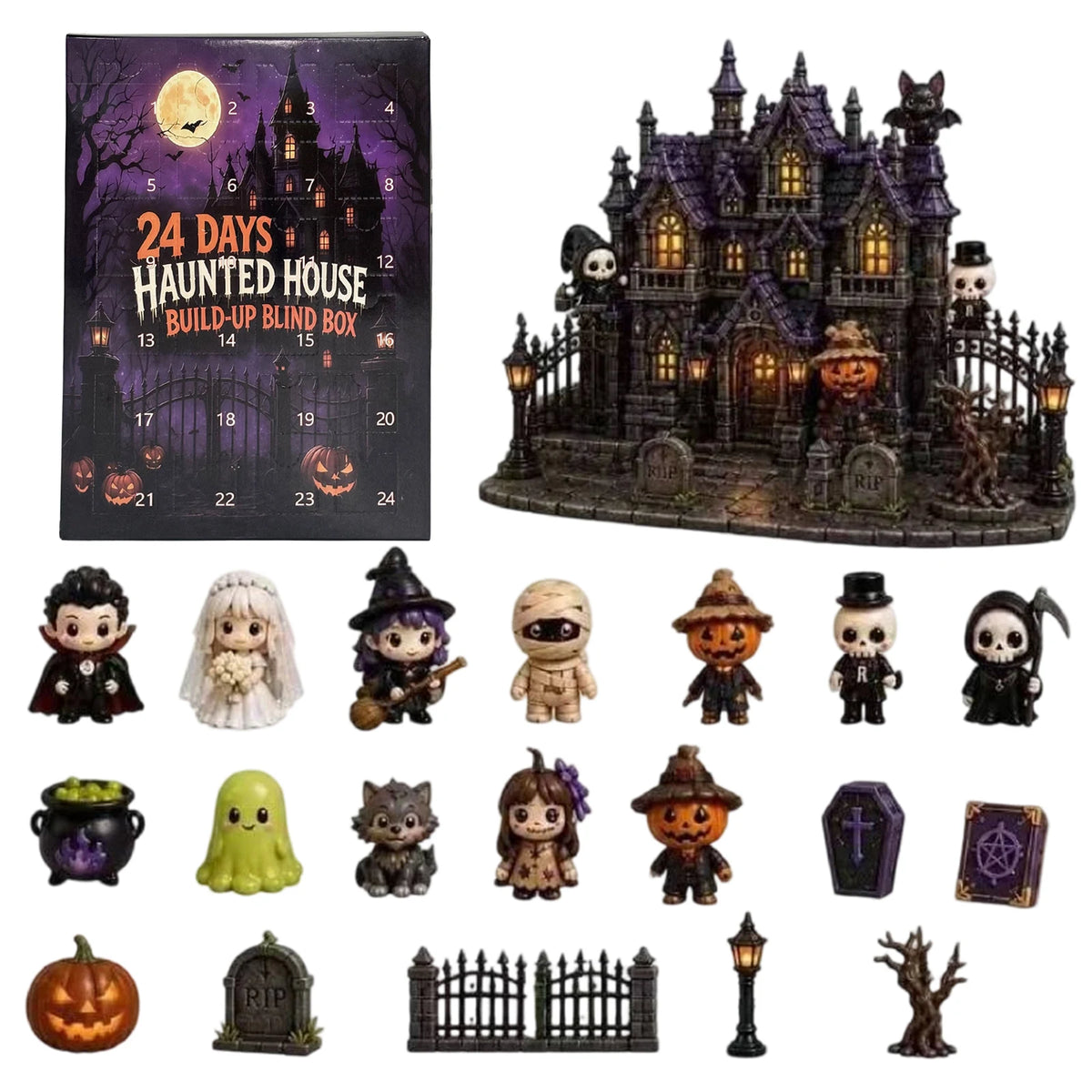 Spooky Mansion Countdown Calendar – 24-Door Mystery Box with Mini Monster Figurines for October 31st | Thomler