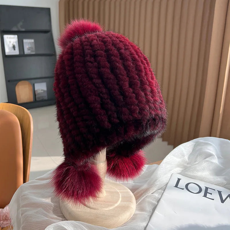 Knitted Real Fur Beanie with Fox Pom-Pom – Luxe Winter Hat for Women | Thomler