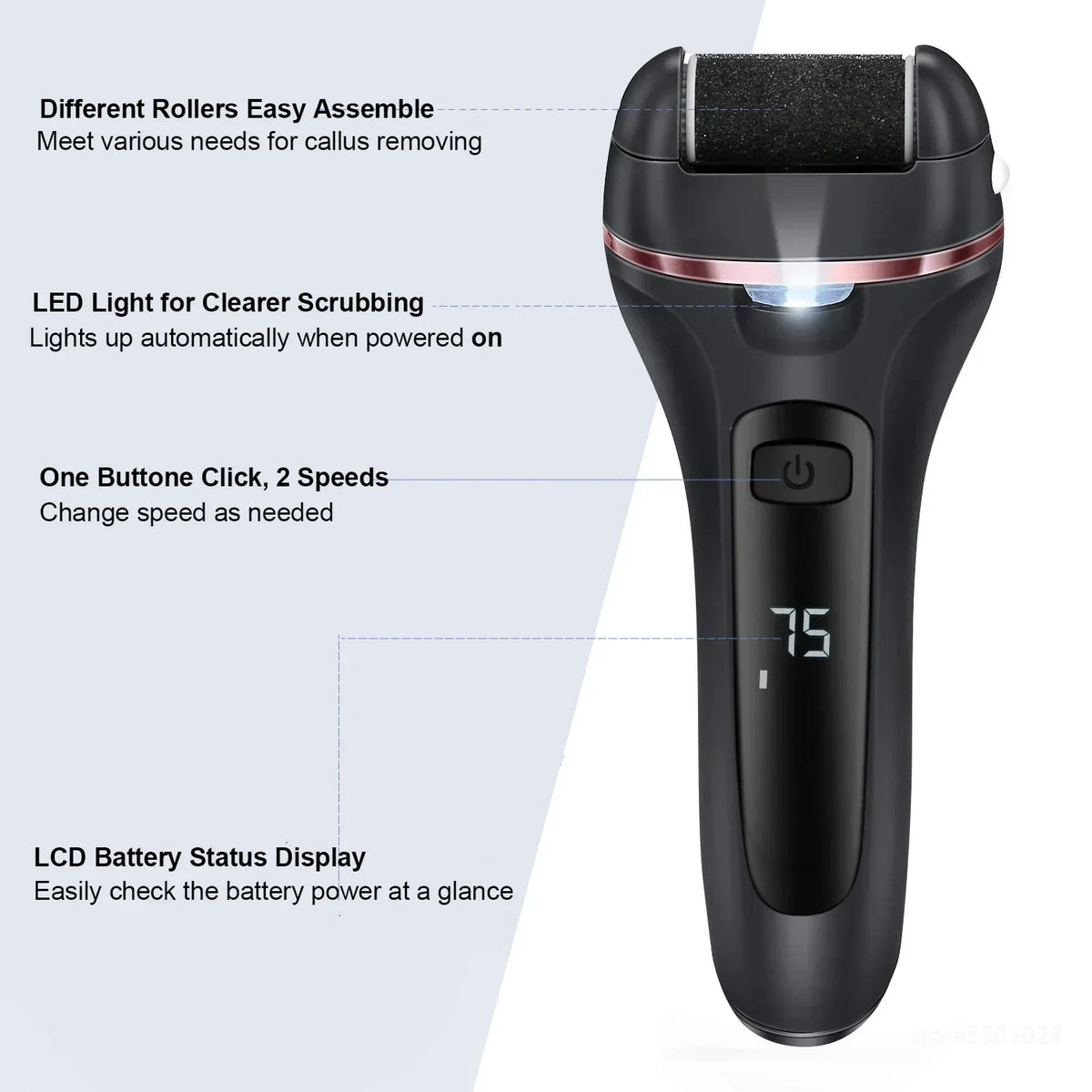 Rechargeable Electric Foot File with LCD Display & LED Light – 3 Roller Heads for Smooth, Callus-Free Feet | Thomler