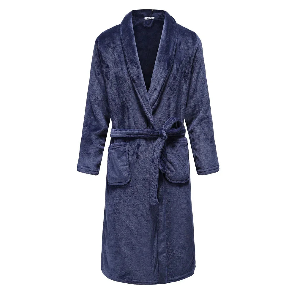 Plush Coral Fleece Robe for Men – Long Shawl Collar Bathrobe in Navy, Gray & Camel – Warm Winter Loungewear M-3XL | Thomler