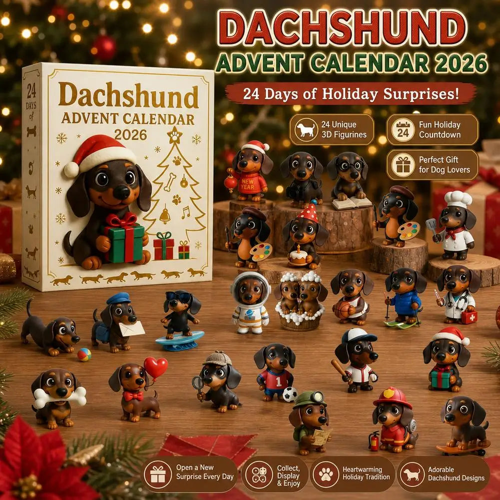 24-Day Wiener Dog Figurine Countdown Set for December Celebrations – Holiday Mantel Display with Miniature Brown Dachshund Collectibles | Thomler