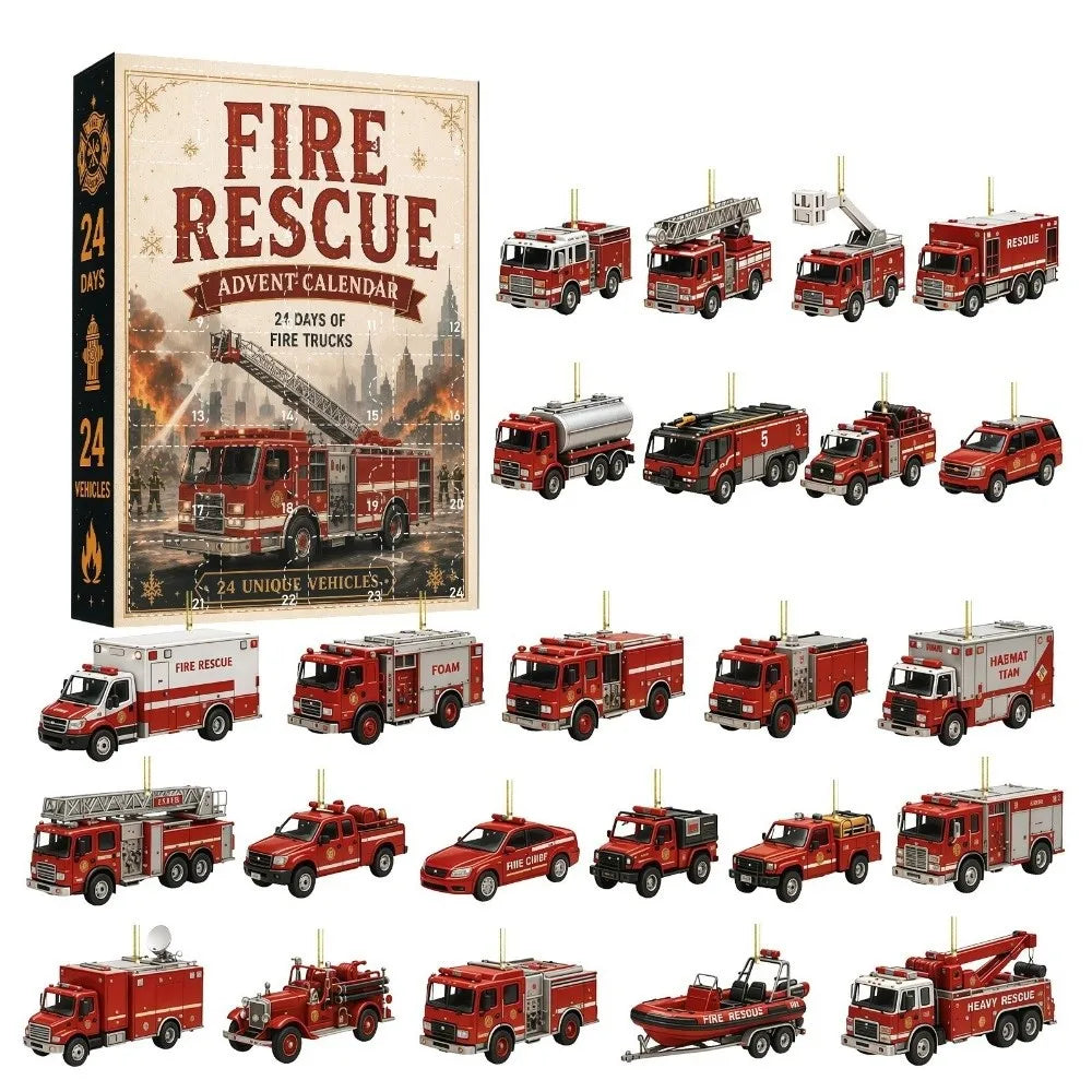 Holiday Countdown Box – 24-Piece Emergency Vehicle Acrylic Tree Ornaments for Kids Christmas Tradition | Thomler