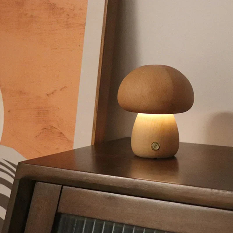 Rechargeable LED Mushroom Night Light with Touch Dimmer for Bedside, Nursery & Kids Room | Cordless Wooden Lamp | Thomler