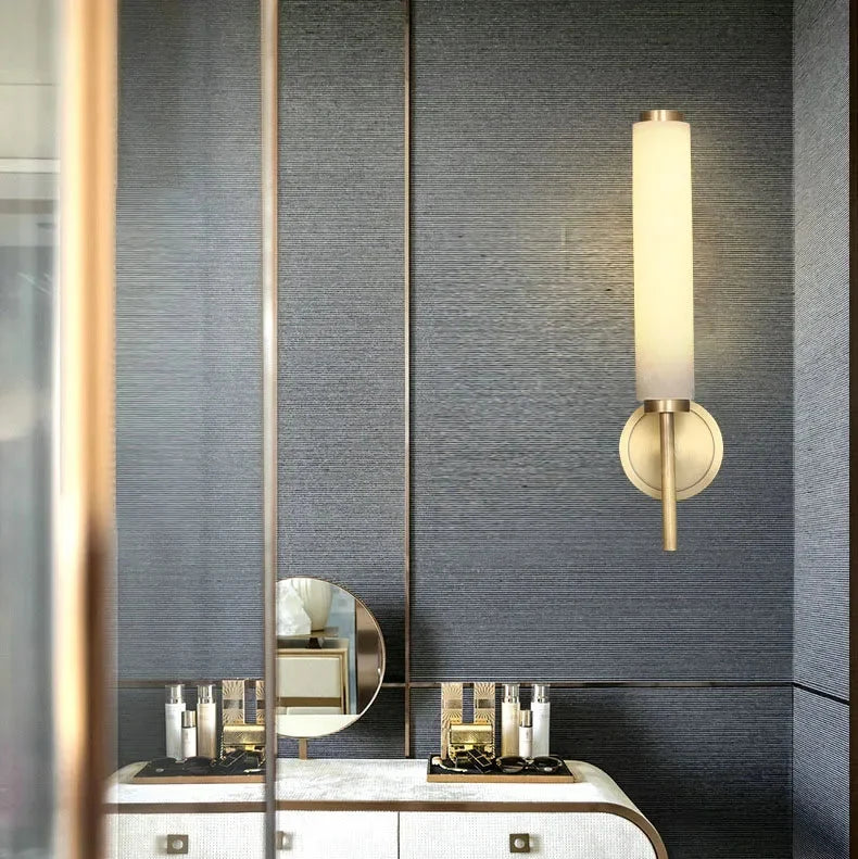 Cylindrical Alabaster Wall Light with Metal Trim — Up & Down Glow for Bedroom, Entry & Bath | Thomler