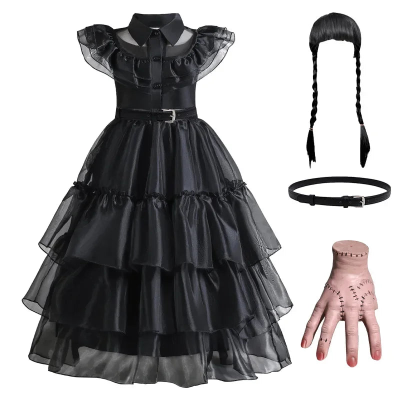 Girls Gothic Tiered Dress with Lace Panel Sleeves – Mid-Calf Costume for Halloween & Parties | Thomler