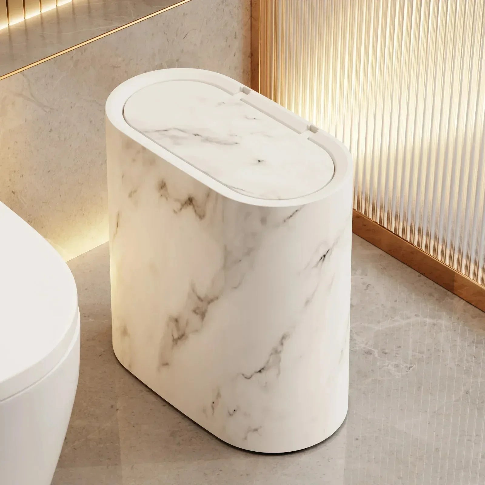 Push-Top Waste Basket with Marble-Look Finish – Slim Oval Design for Small Bathrooms, Bedrooms & Home Offices | Thomler