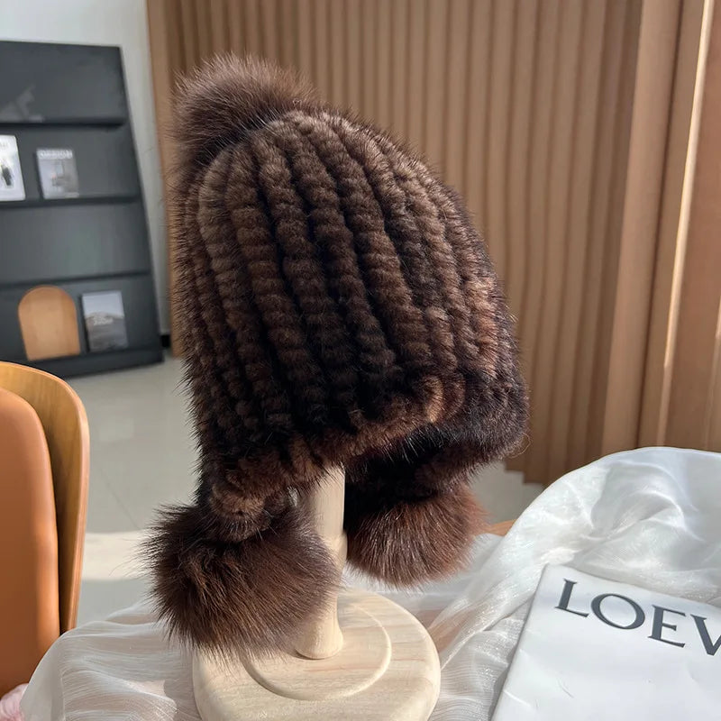 Knitted Real Fur Beanie with Fox Pom-Pom – Luxe Winter Hat for Women | Thomler
