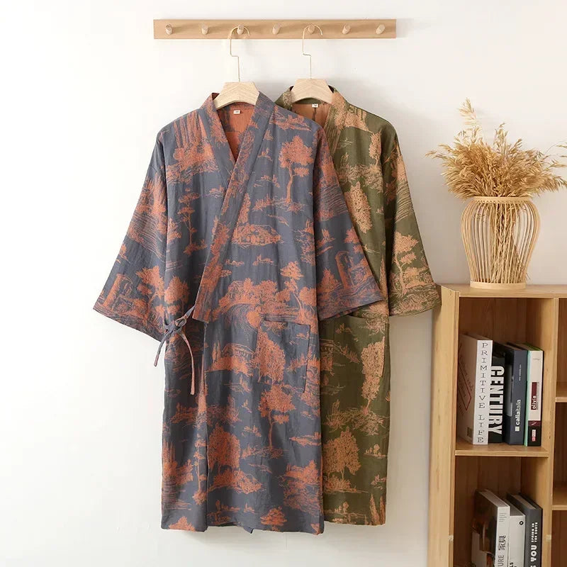 Cotton Kimono Robe for Men – Lightweight Printed Spa Wrap with V-Neck & Tie Belt for Lounge, Bath & Sauna | Thomler