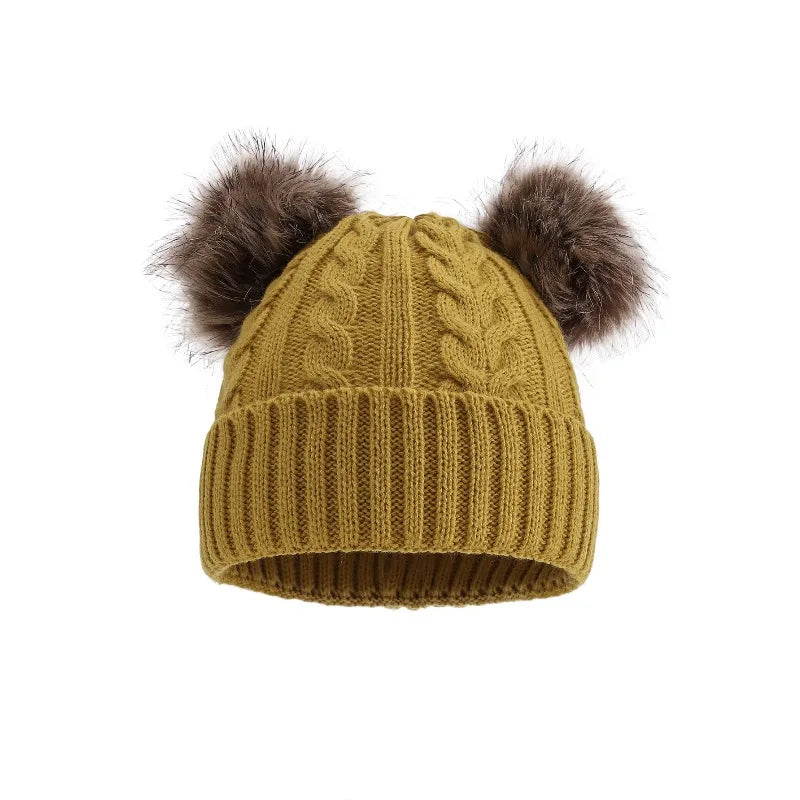 Women's Chunky Cable-Knit Winter Beanie with Dual Faux-Fur Pom-Poms – Fold-Over Cuff Hat for Cold Weather | Thomler