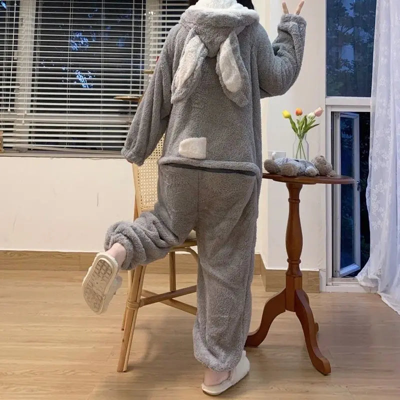 Hooded Bunny Ear One-Piece Sleepwear for Women – Soft Fleece Full-Body Pajama Jumpsuit for Cold Nights | Thomler