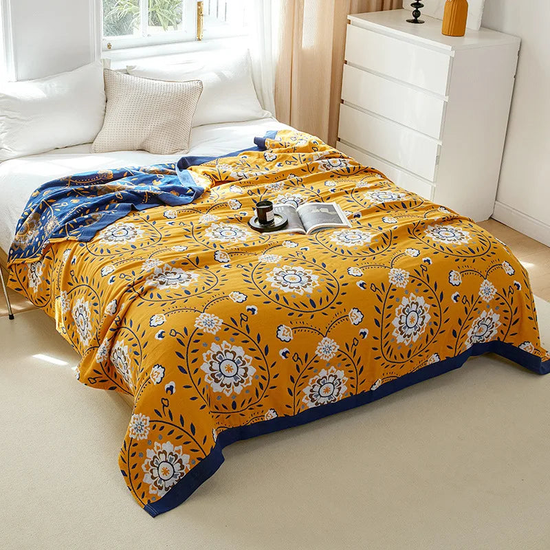 Lightweight Cotton Gauze Throw Blanket Queen King Bed Coverlet Breathable Floral Bedspread for Warm Weather Bedding | Thomler
