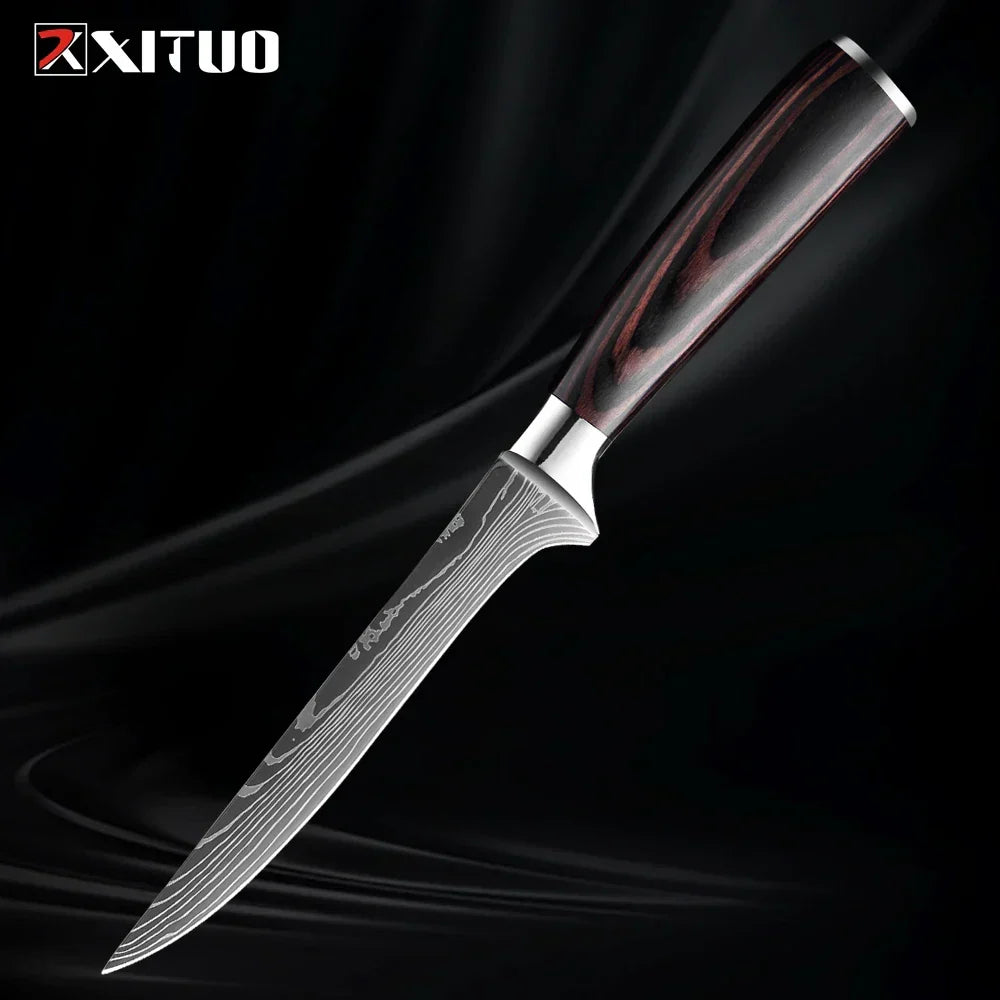 Professional Damascus-Pattern Chef's Blade Set – Hardened Steel Cutlery with Pakkawood Handles – Complete 1-9 Pc Cooking Knife Assortment | Thomler