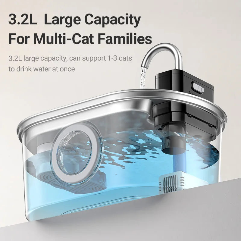 Rechargeable Motion-Sensing Pet Drinking Fountain – Stainless Steel Bowl with Filter System for Cats & Dogs – 3.2L Capacity – 4000mAh | Thomler