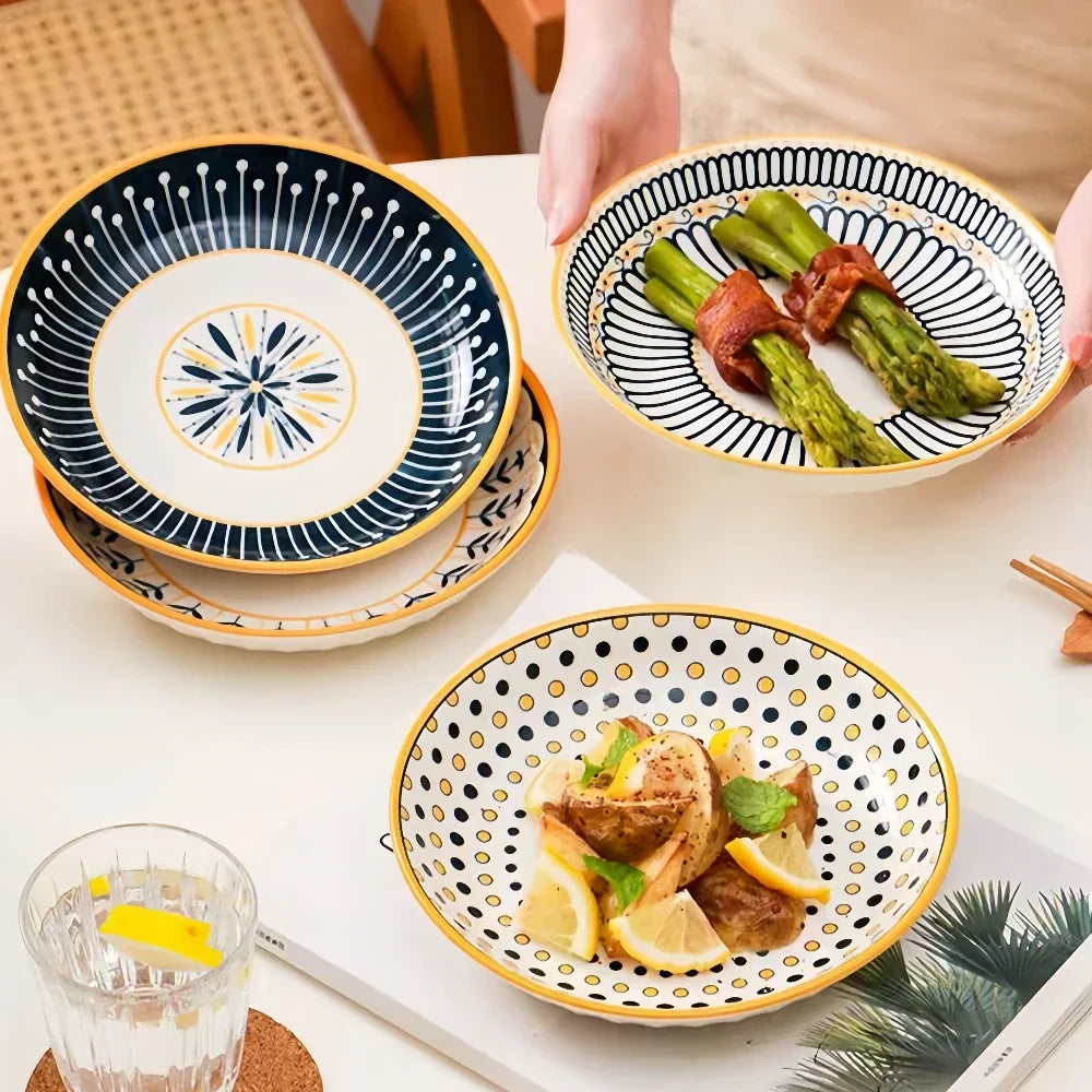 Dinnerware Set Porcelain 20.0 cm 7.9" Navy Blue Gold Breakfast Dessert Salad Plates Hand Painted Floral Tableware Set Of 4 | Thomler