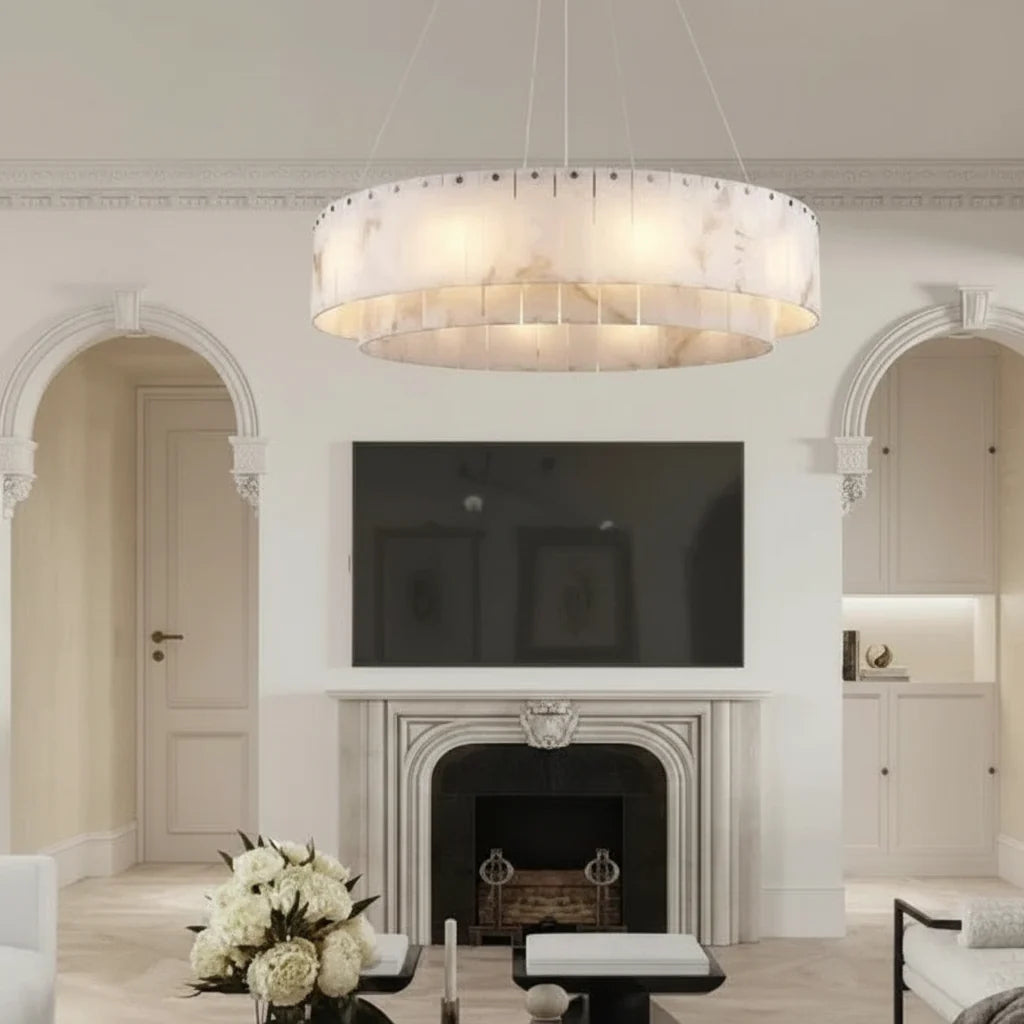 Circular Alabaster Stone Chandelier with Dual-Tier Illumination & Metal Framework | Thomler