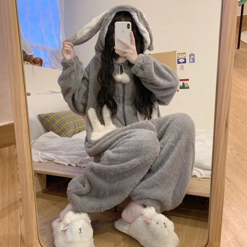 Hooded Bunny Ear One-Piece Sleepwear for Women – Soft Fleece Full-Body Pajama Jumpsuit for Cold Nights | Thomler