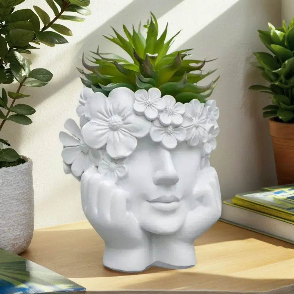 Flower Pot Resin 15.0 cm White Face Planter Indoor Outdoor Succulent Decorative Sculpture Boho Home Décor | Thomler