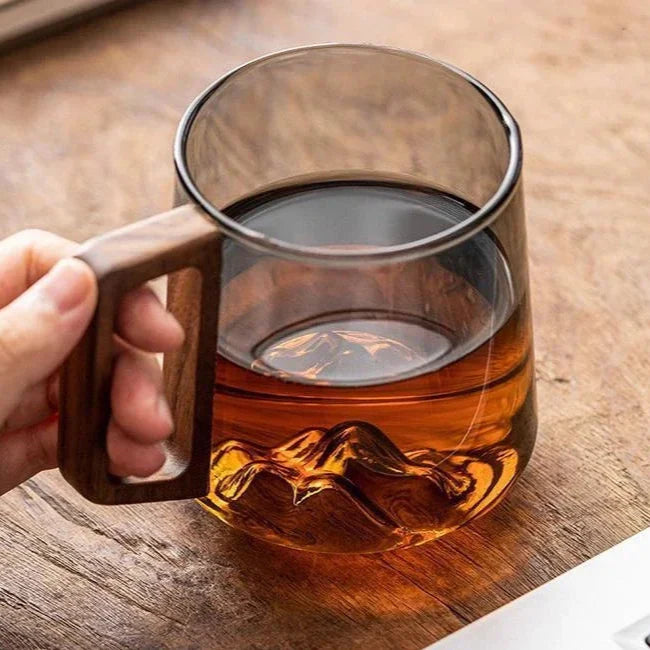 Glass Coffee Mug Borosilicate 4 in Heat-Resistant Mountain Peak Design Wooden Handle Everyday Tea Coffee Cup | Thomler