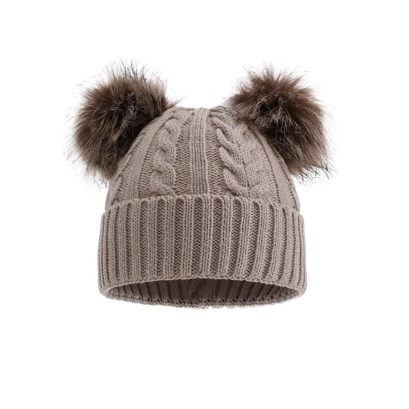 Women's Chunky Cable-Knit Winter Beanie with Dual Faux-Fur Pom-Poms – Fold-Over Cuff Hat for Cold Weather | Thomler