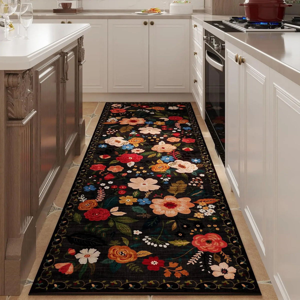 Floral Runner Rug for Hallway & Kitchen, Machine Washable Non-Slip Long Mat with Rubber Backing | Thomler